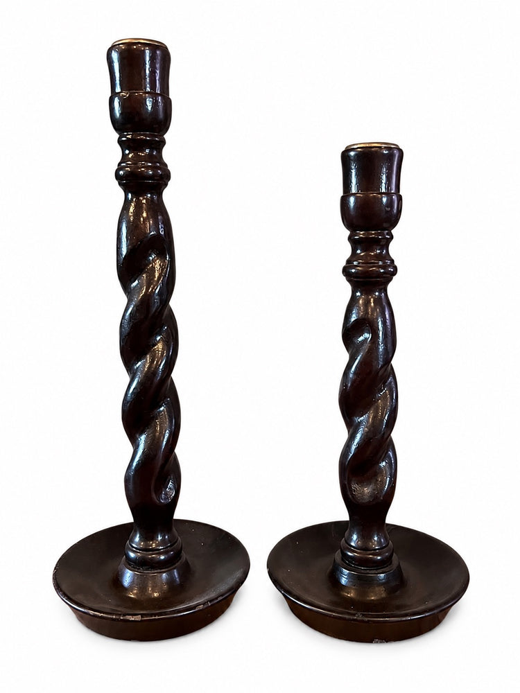 English Antique Wood Barley Twist Candlesticks