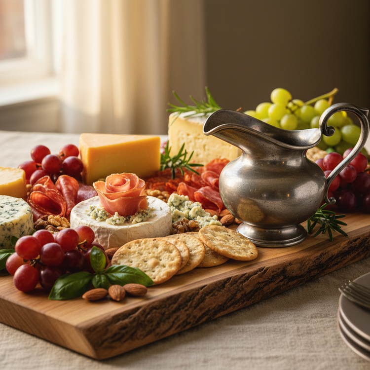 A beautifully arranged charcuterie board on a rustic wooden serving tray, featuring an assortment of cheeses, crackers, red and green grapes, almonds, basil, salami, and a small silver pitcher, set on a tablecloth in a softly lit indoor setting.