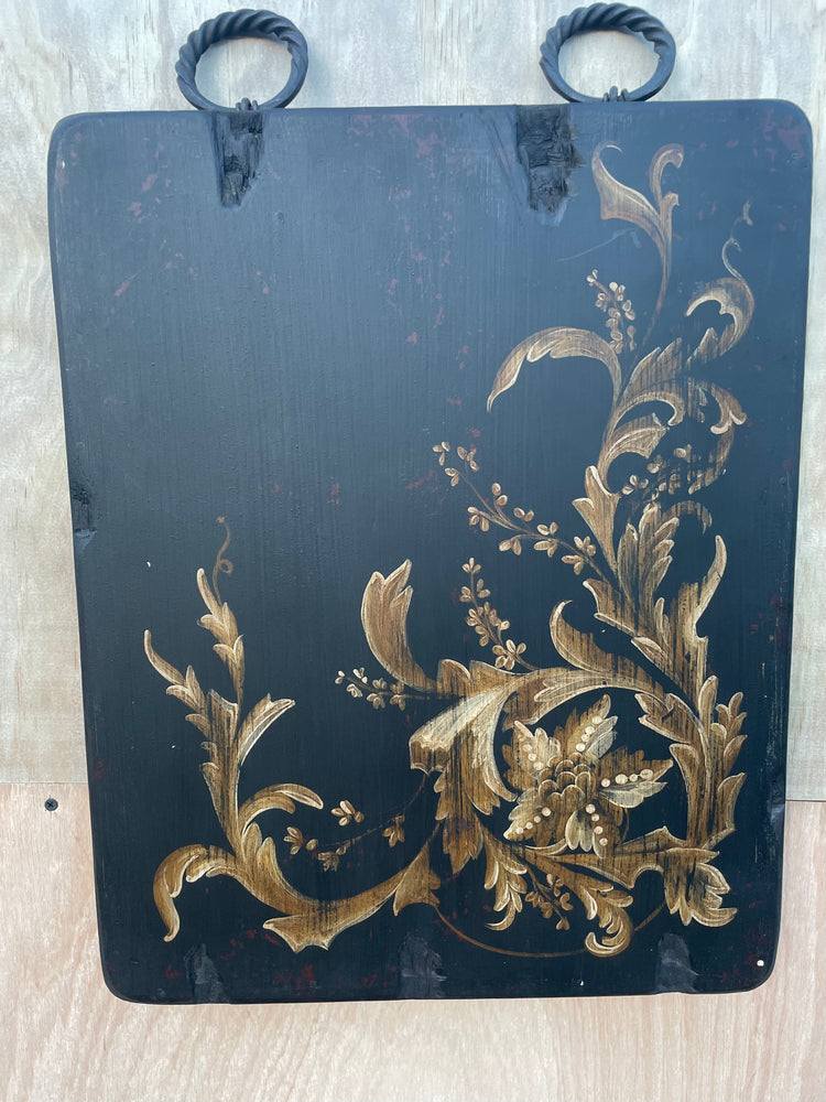 Set of 2 Hand Painted Oil on Wood Panel Paintings with Iron Rings - Black, Gold