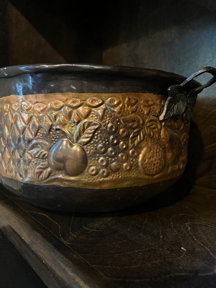 Vintage Stamped Copper Bowl with Bronzed Leaf Handles