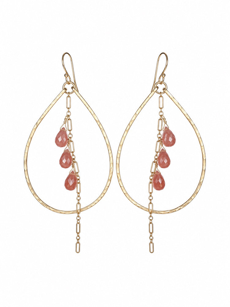Peachy Pink Rhodochrosite and Gold Hoop Dangle Earrings