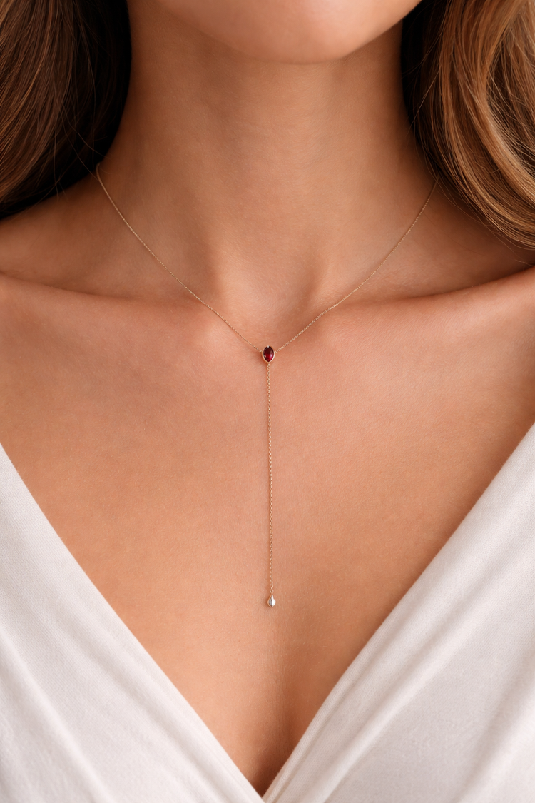 14K Gold Ruby Pear Lariat Y Necklace