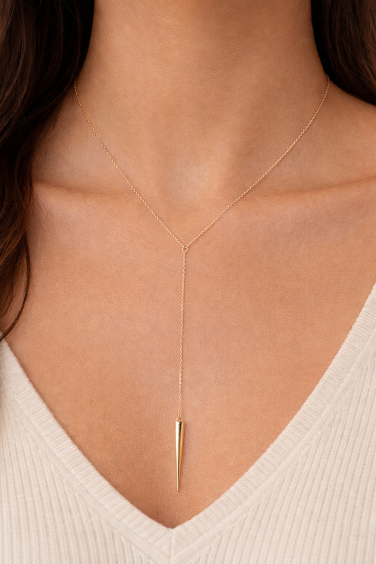 14K Gold Long Flat Triangle Lariat Necklace