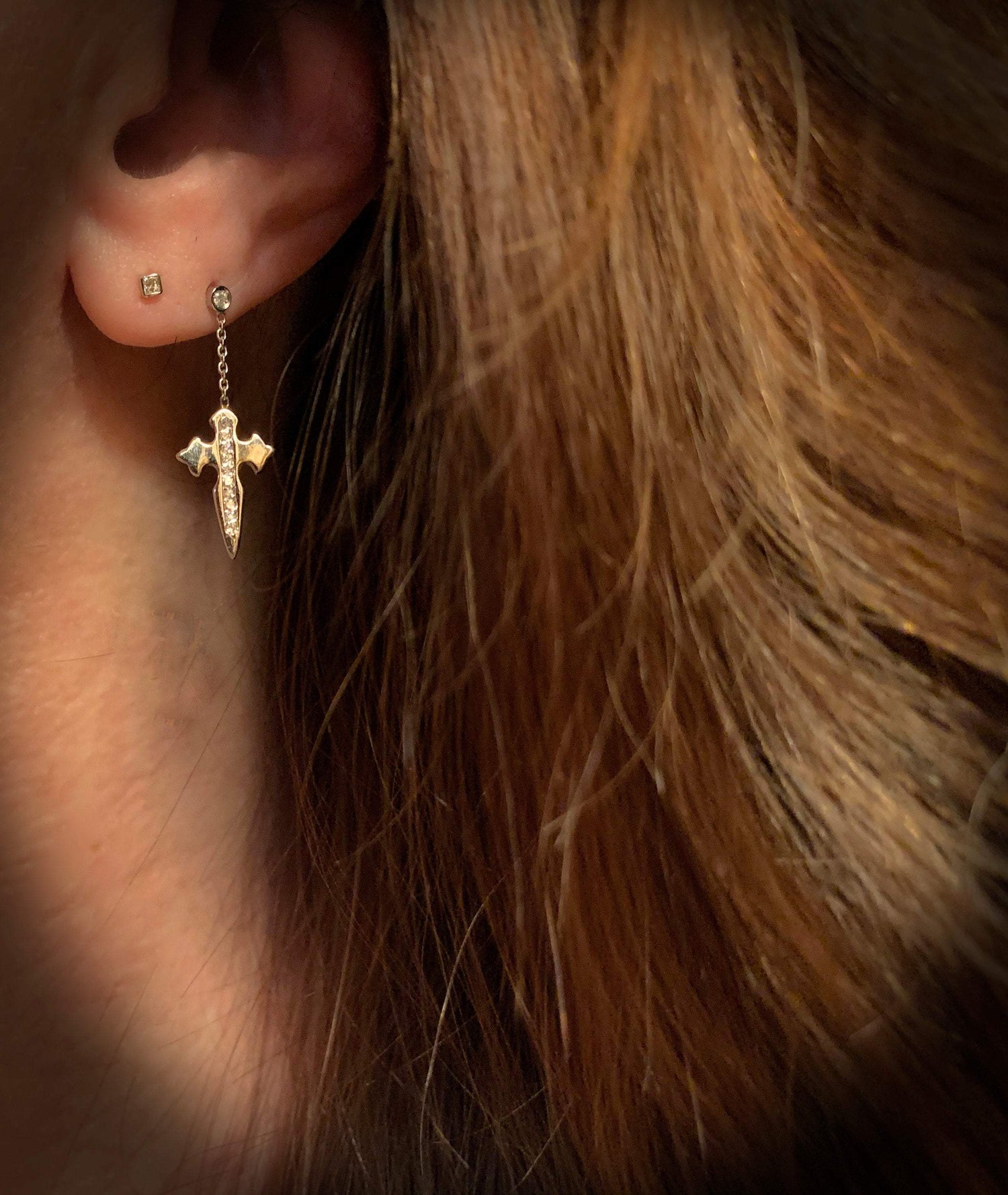 14K Gold Diamond Dagger Cross Earrings | Avie Fine Jewelry
