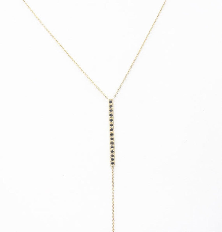 14K Gold Vertical Bar Black Diamond Lariat Necklace