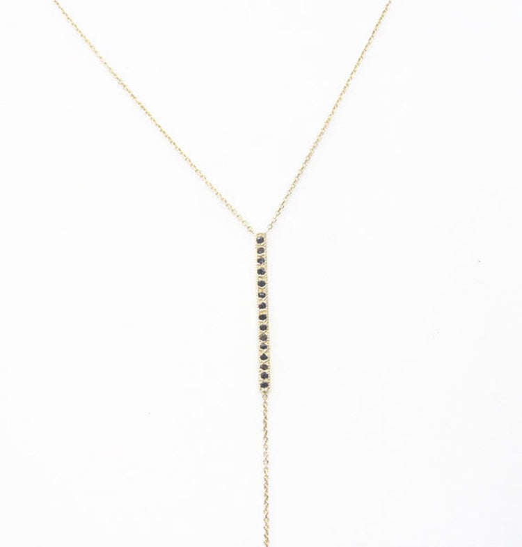 14K Gold Vertical Bar Black Diamond Lariat Necklace