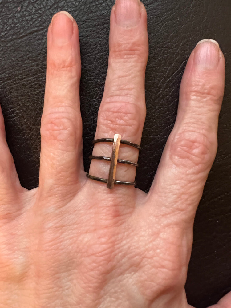 Oxidized Sterling Silver Gold Line Cuff Cage Ring