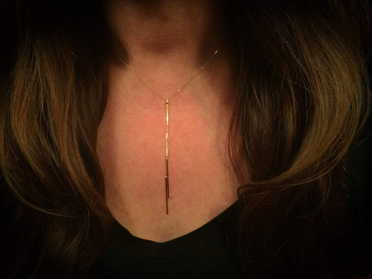 14K Gold Bar and Bead Lariat Y Necklace | Avie Fine Jewelry