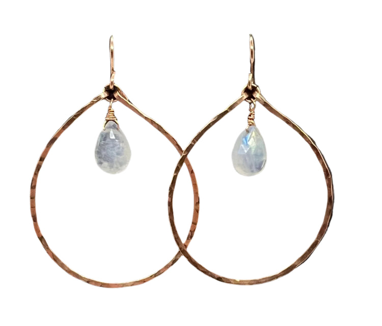 Moonstone and Hammered Rose Gold Hoop Earrings | Avery Blake Jewelry
