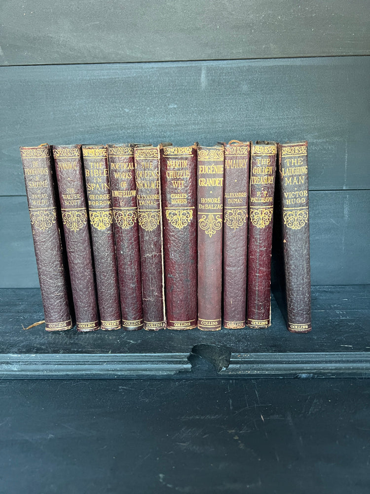 Set of 3 Antique Maroon Leather Collins Books
