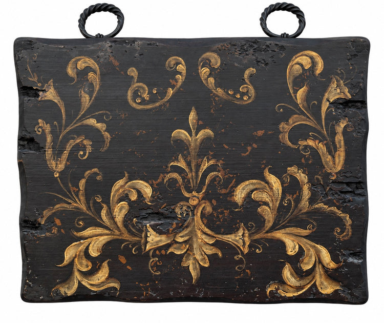 Hand Painted Oil on Wood Panel Painting with Iron Rings - Black, Gold, Fleur de Lis