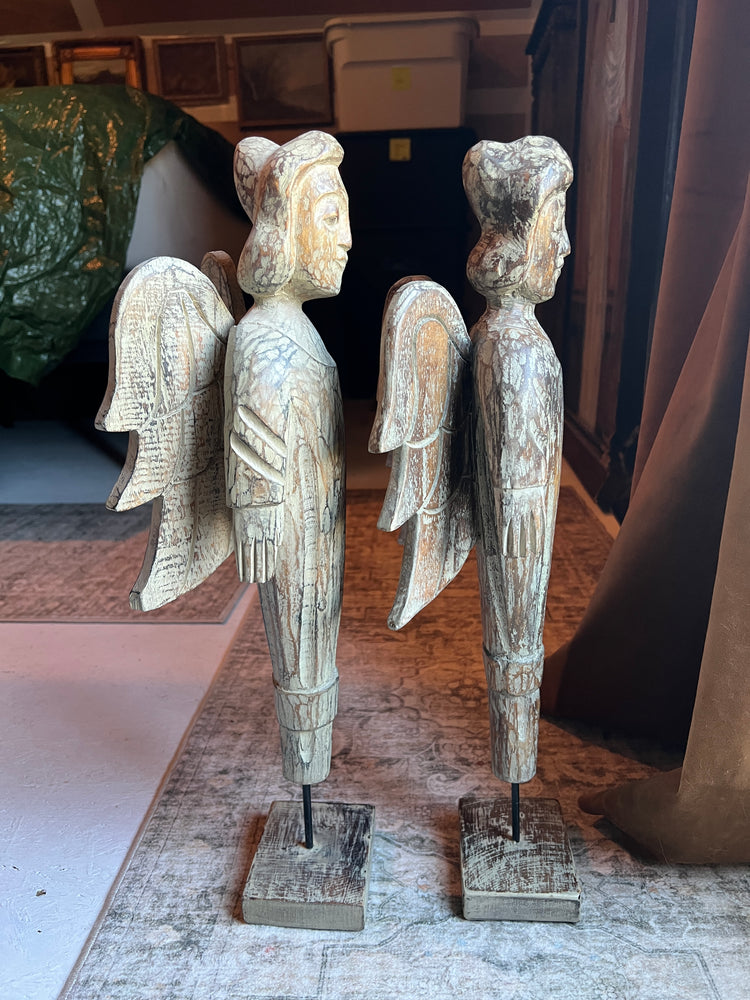 Vintage Hand Carved Wood Angel on Stand