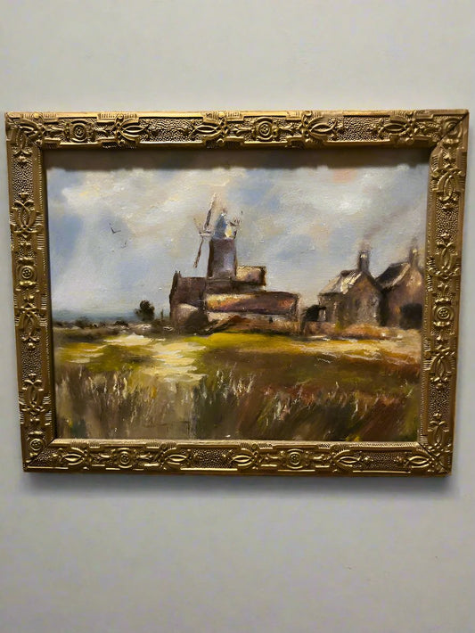 Antique French Windmill Oil Painting