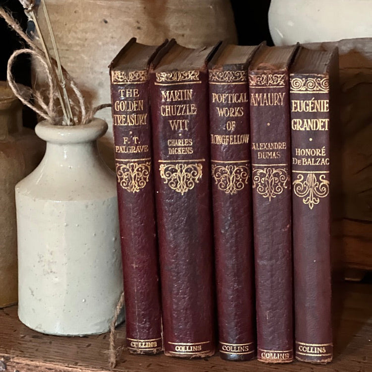 A set of six vintage hardcover books with dark reddish-brown leather spines and gold lettering, displayed on a rustic wooden shelf next to a ceramic vase with dried grasses.