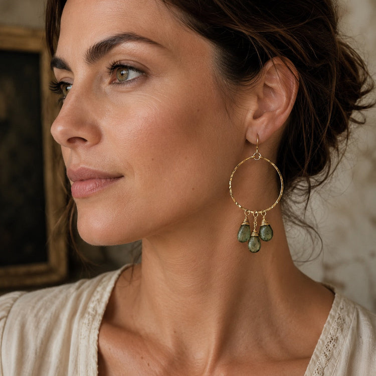 Mossy Green Aquamarine Chandelier Hoop Earrings