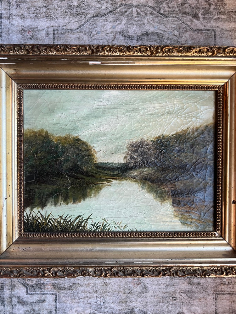 Antique 1800's Shabby Framed Original Landscape Oil Painting |  FOR RESTORATION