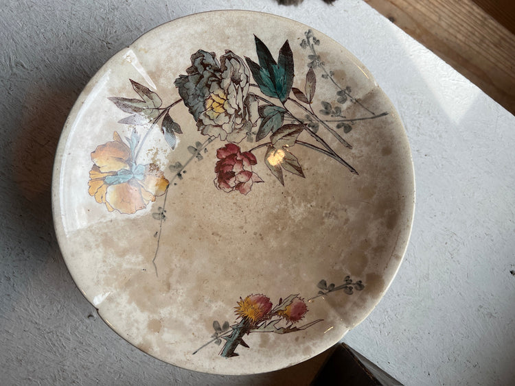 Antique French Ironstone PolyChrome Floral Compote