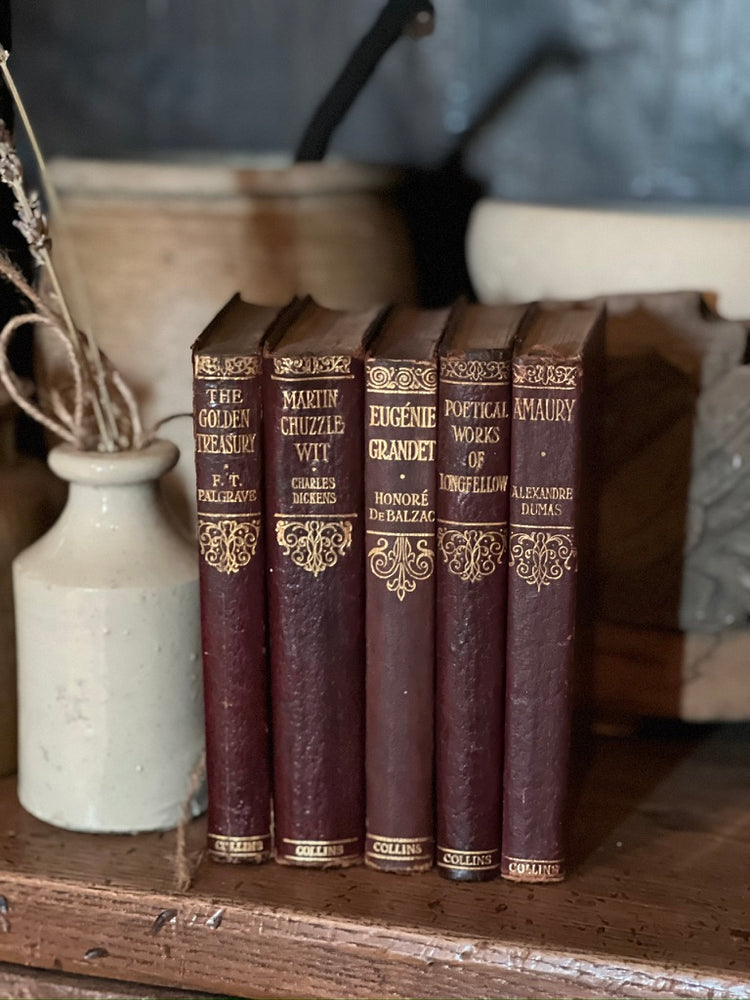 Set of 5 Antique Maroon Leather Collins Books