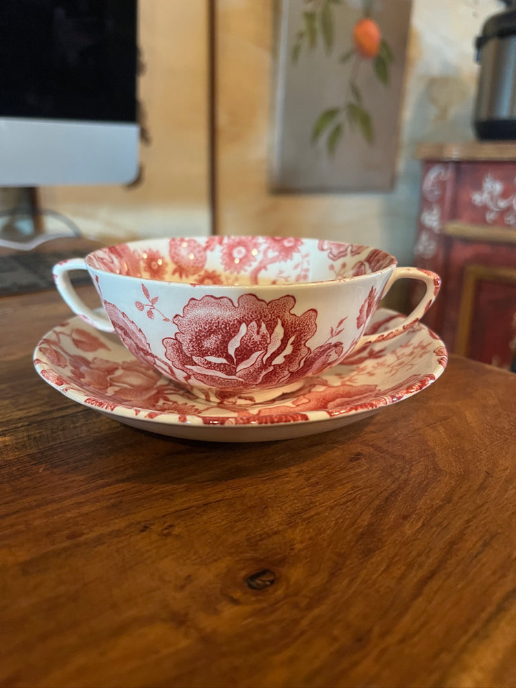 Flat Cream Soup Bowl & Saucer Set English Chippendale Red by JOHNSON BROTHERS