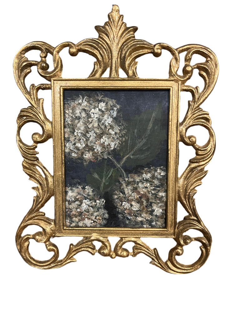 White Hydrangeas Original Painting, Vintage Italian Brass Frame