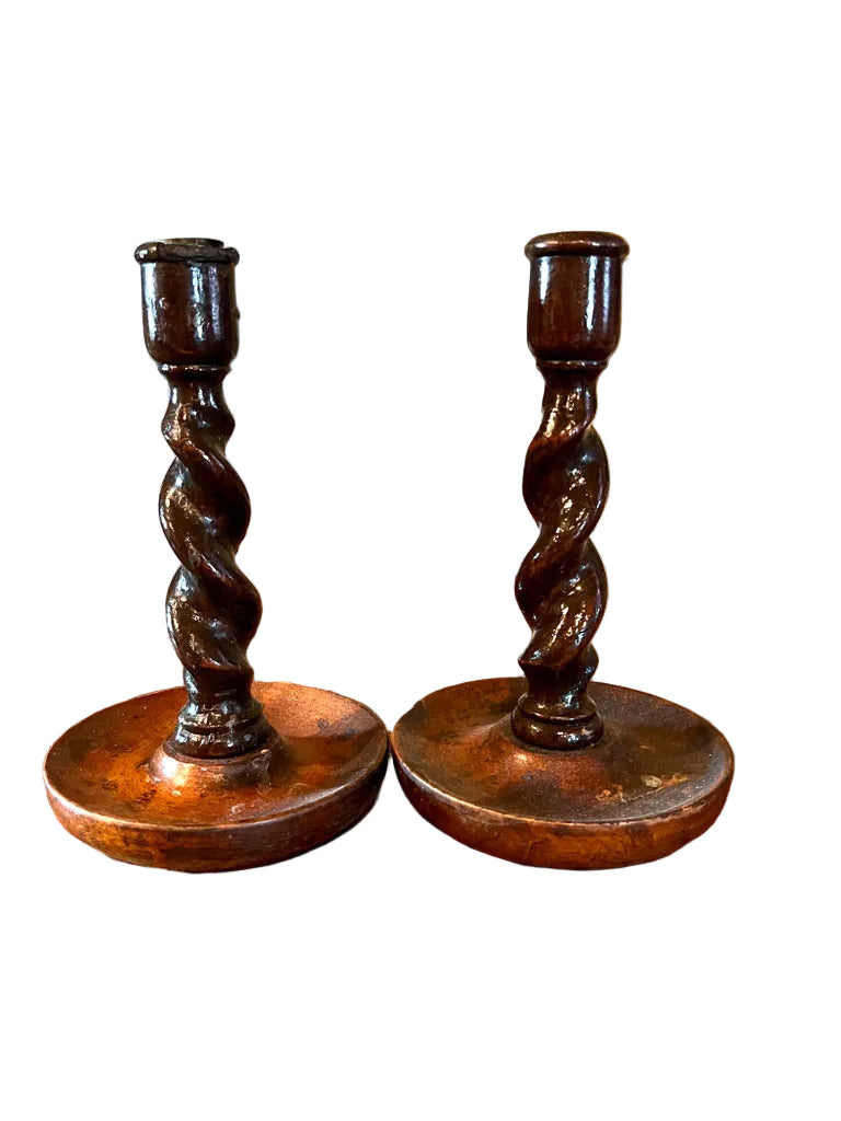 Two Antique wooden English Barley Twist candlesticks