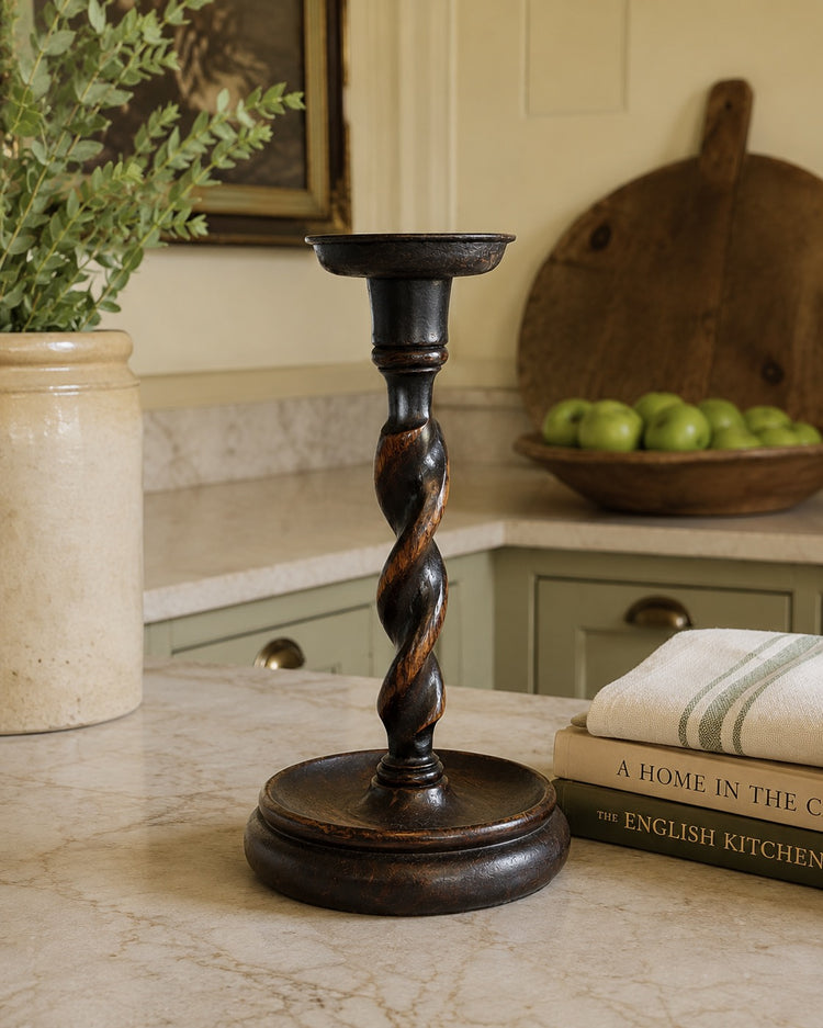 English Antique Wood Barley Twist Candlestick