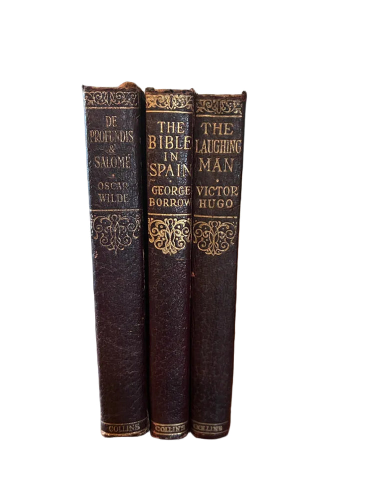 Set of 3 Antique Maroon Leather Collins Books