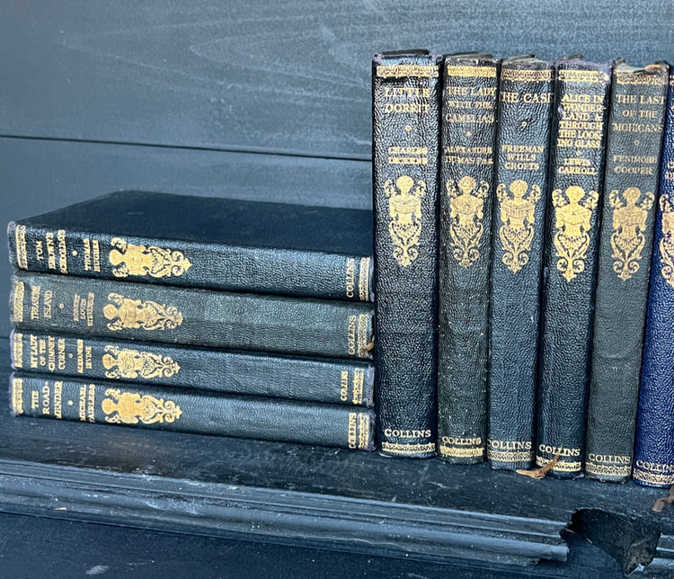 Set of 3 Antique Black Leather Collins Books