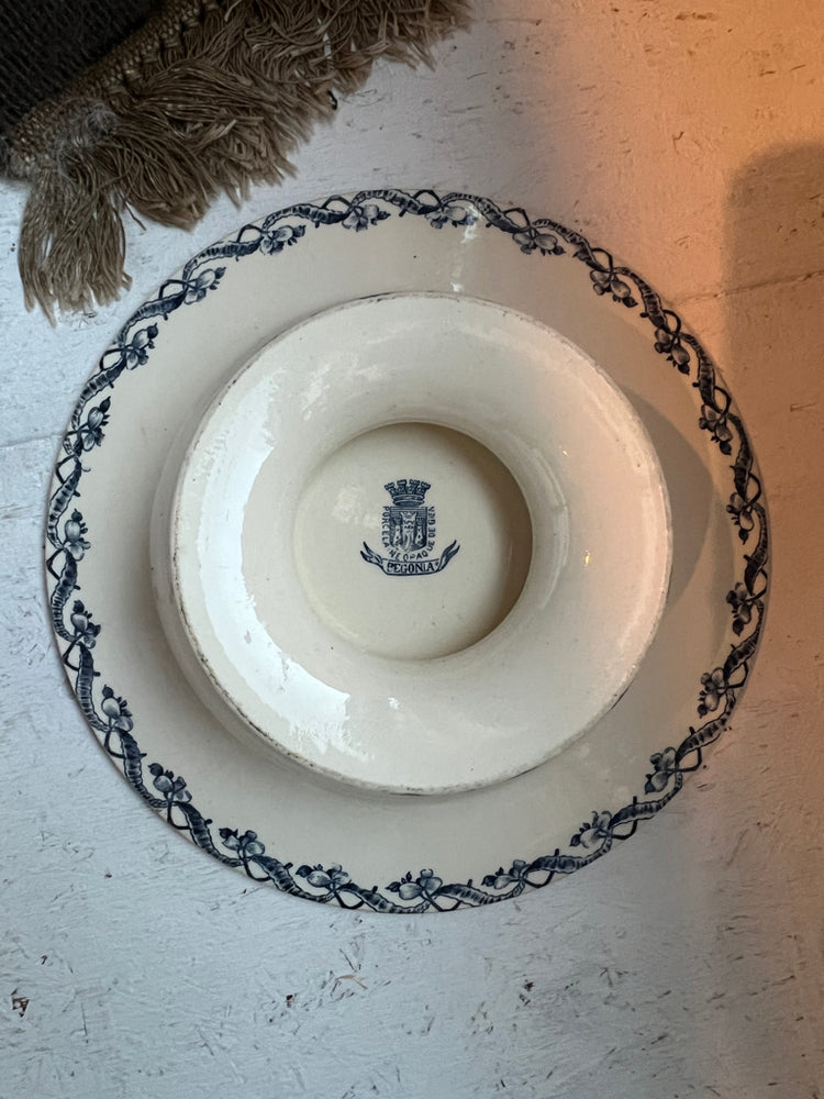 Blue Antique French Gien Ironstone Terre De Fer Raised Plate, Begonia Pattern