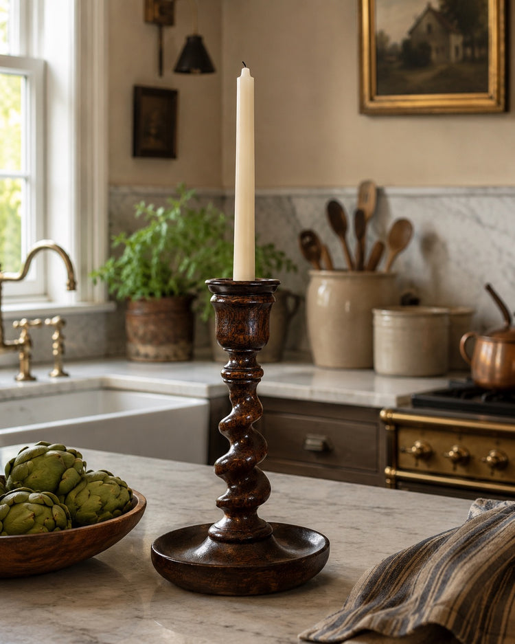 English Antique Wood Barley Twist Candlestick