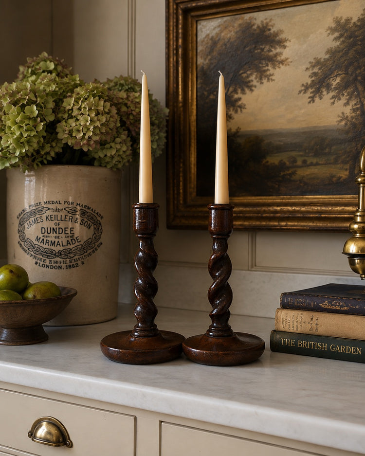 English Antique Wood Barley Twist Candlesticks