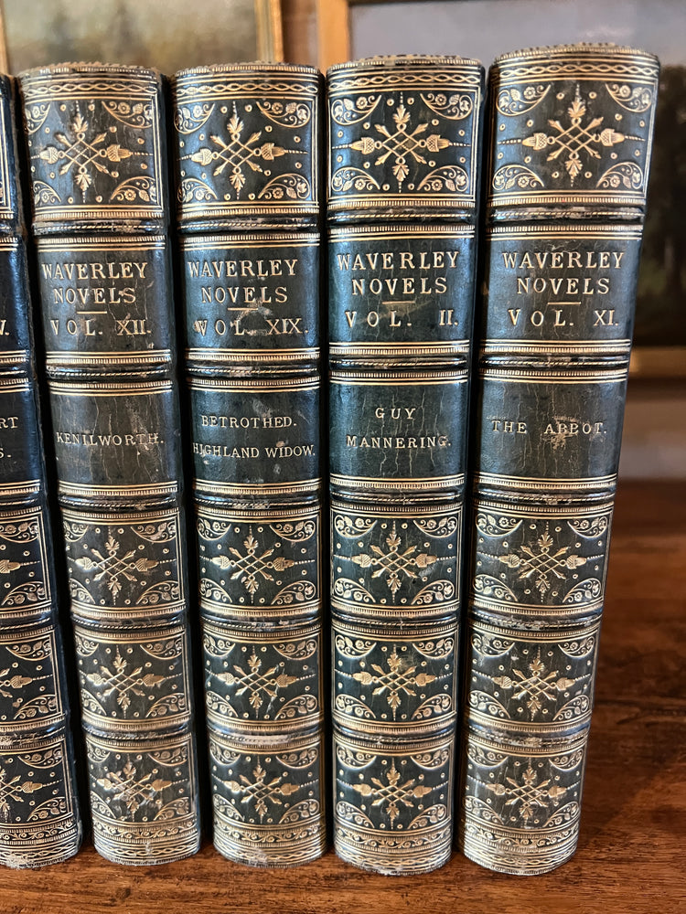 Set of 9 Antique Full Leather Blue / Green Waverley Novels Books