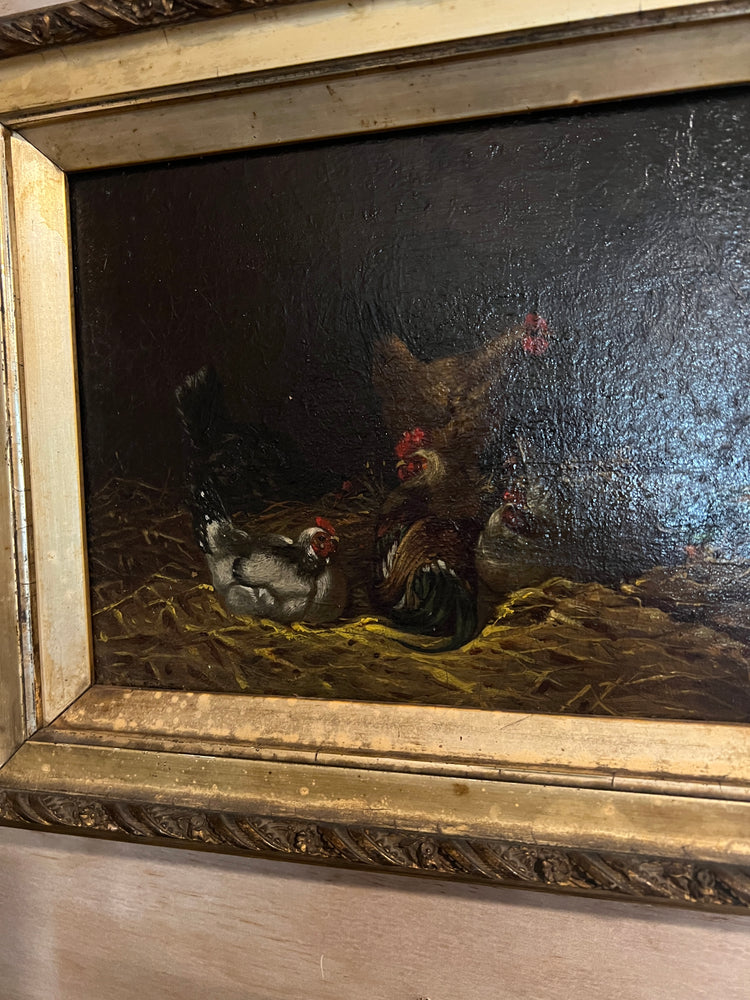 Moody Antique Still Life Oil Painting, Chickens