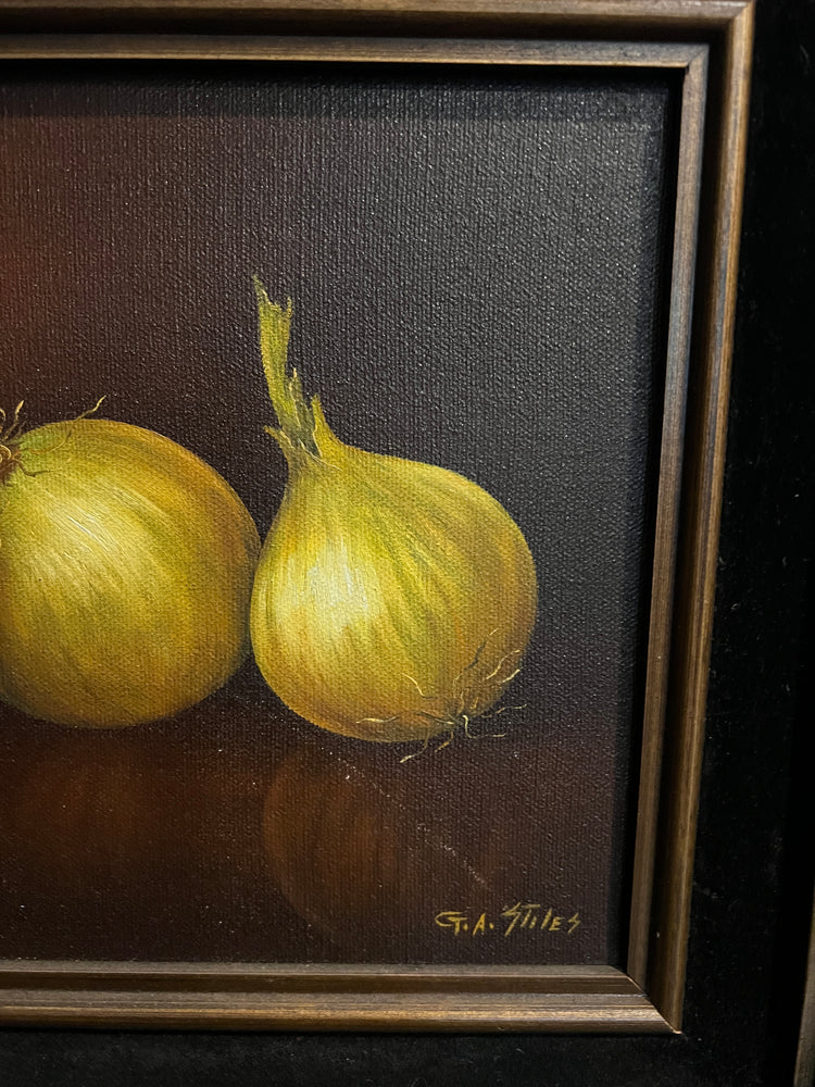 Moody Vintage Still Life Oil Painting, Onions and Mushroom