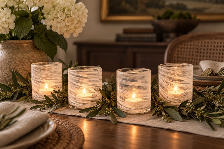 Set of 4 Hand Blown Glass Candle Holders - White Swirl