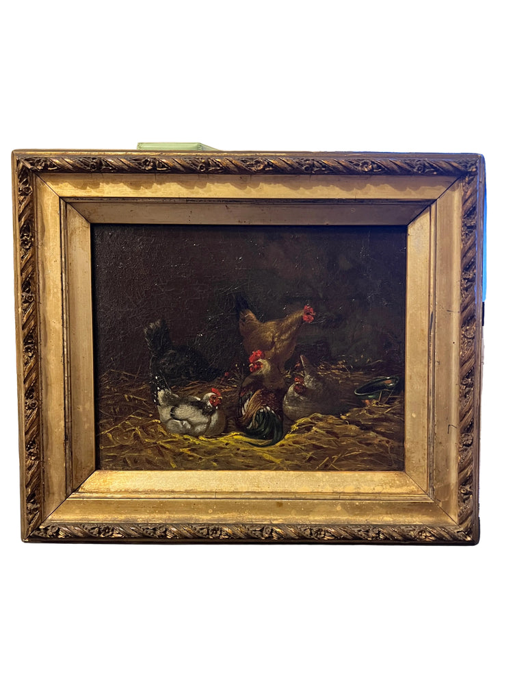 Moody Antique Still Life Oil Painting, Chickens
