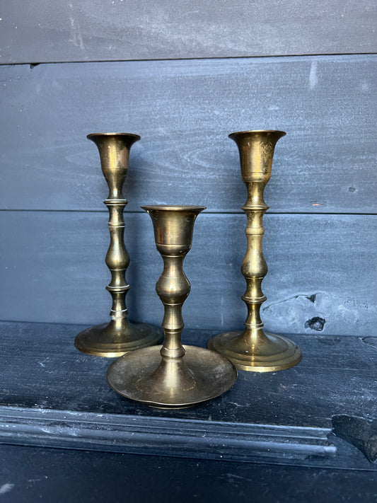Set of 3 Vintage Brass Candlesticks