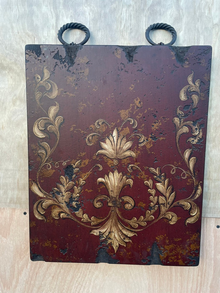 Hand Painted Oil on Wood Panel Painting with Iron Rings - Red