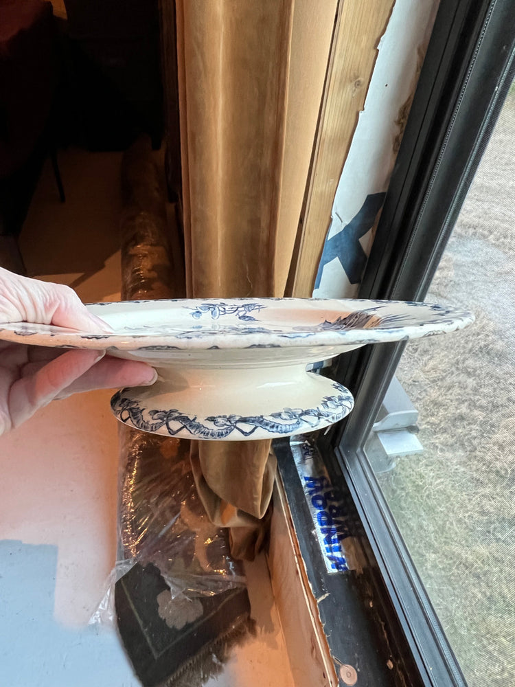 Blue Antique French Gien Ironstone Terre De Fer Raised Plate, Begonia Pattern