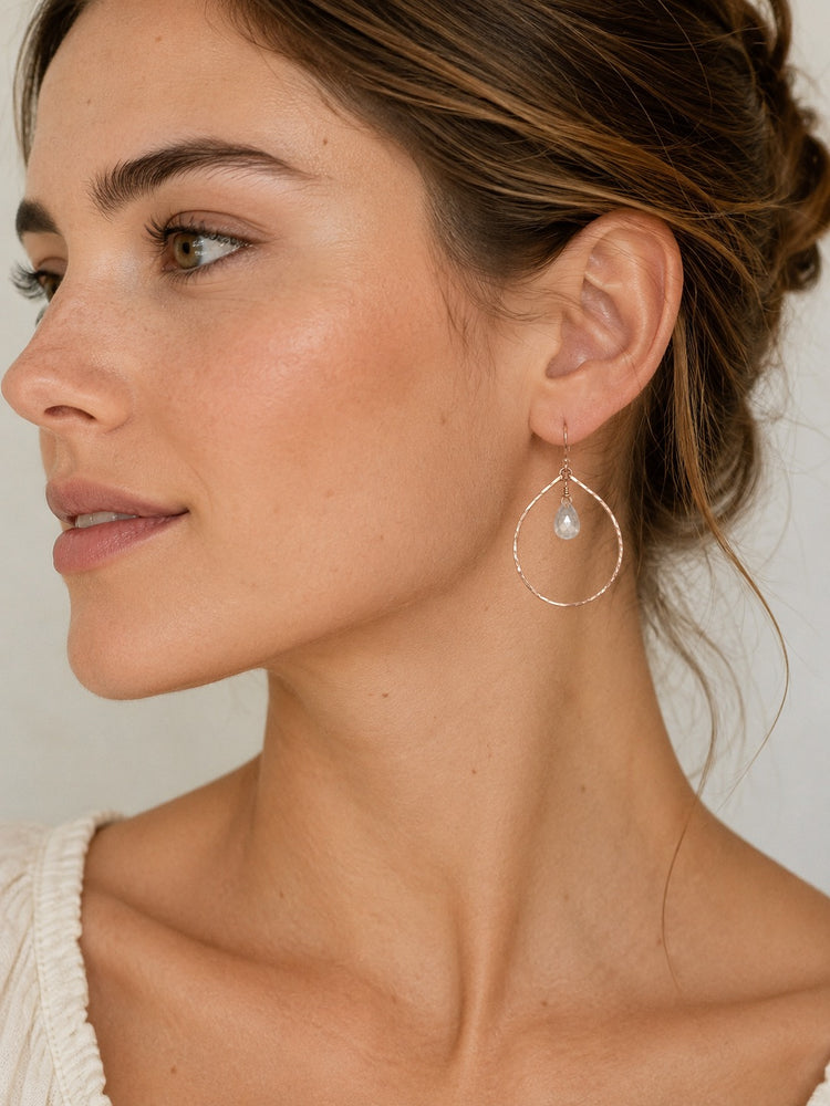 Moonstone and Hammered Rose Gold Hoop Earrings