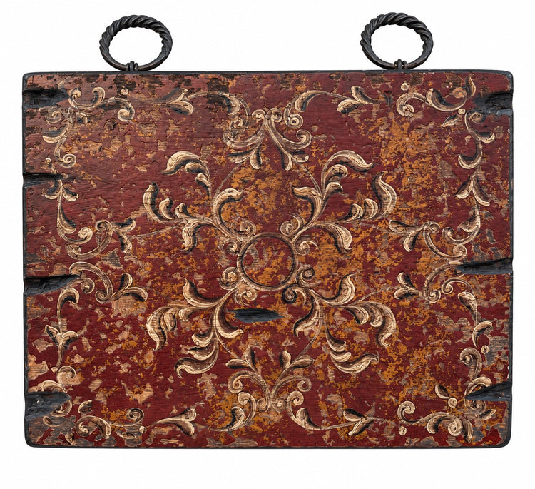 Hand Painted Oil on Wood Panel Painting with Iron Rings - Red Old World