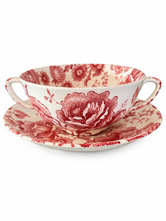 Flat Cream Soup Bowl & Saucer Set English Chippendale Red by JOHNSON BROTHERS