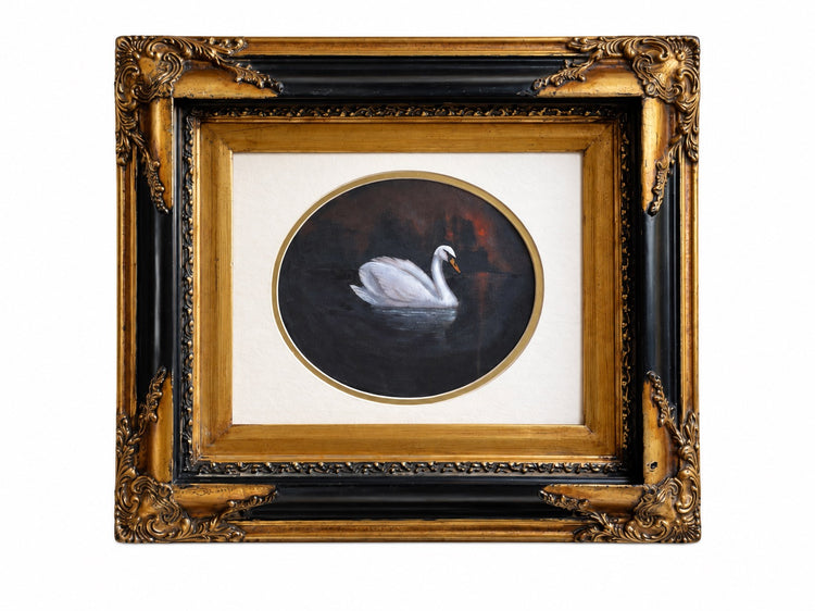 Framed Original Swan Painting in a Gold and Black Vintage Wood Frame