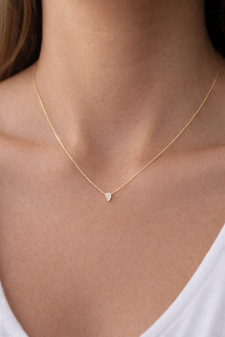 14K Gold Tiny Pear Floating Diamond Solitaire Necklace