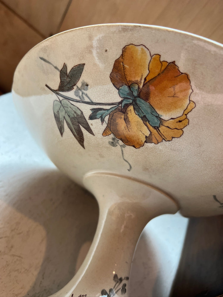 Antique French Ironstone PolyChrome Floral Compote
