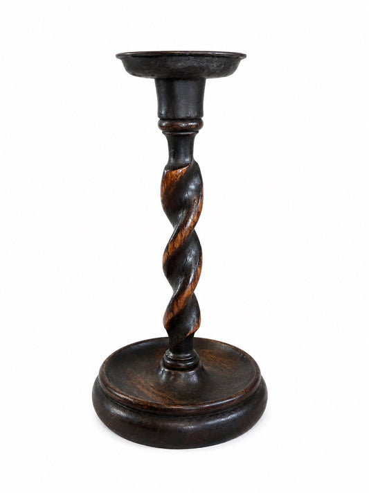 English Antique Wood Barley Twist Candlestick