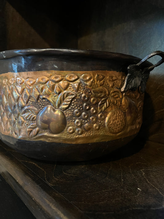 Vintage Stamped Copper Bowl with Bronzed Leaf Handles
