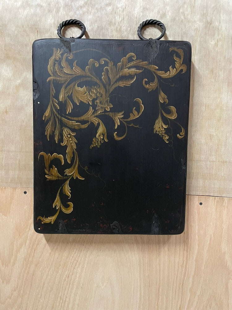 Set of 2 Hand Painted Oil on Wood Panel Paintings with Iron Rings - Black, Gold