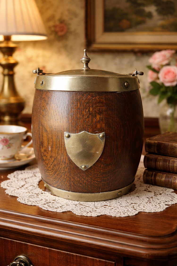 Vintage Edwardian English Wood Biscuit Barrel