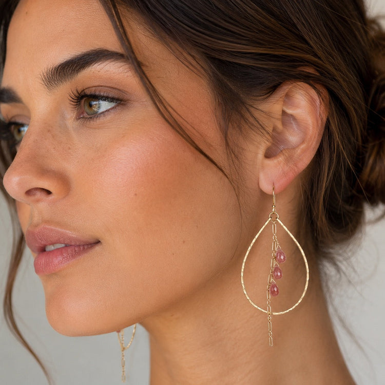 Peachy Pink Rhodochrosite and Gold Hoop Dangle Earrings